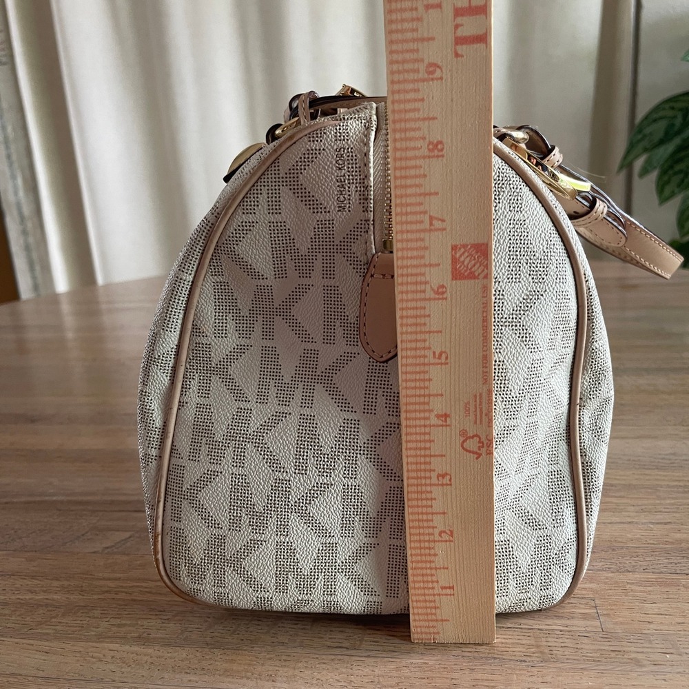 Michael Kors Grayson Large PVC Satchel Vanilla Monogram Handbag Gold Tone - Picture 2 of 16